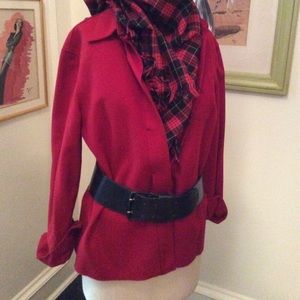 Red button down wool shirt jacket